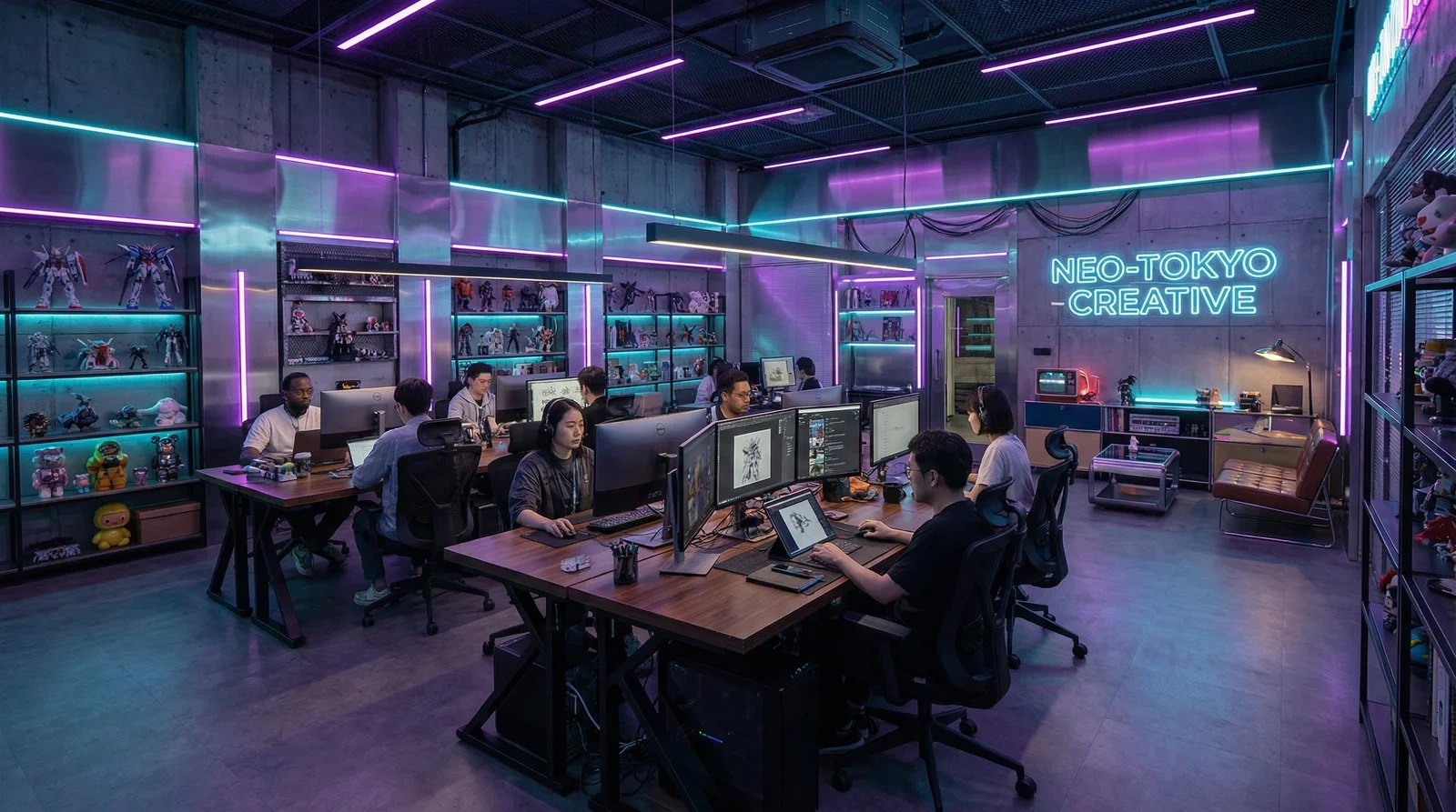 麻豆视频团队赛博朋克风格创意办公室环境